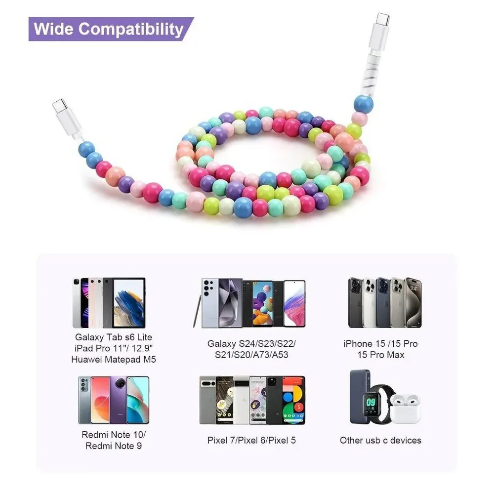 NWT Cute pastel beaded USBC - USBC Fast Charging Cable Iphone/Samsung galaxy 3ft